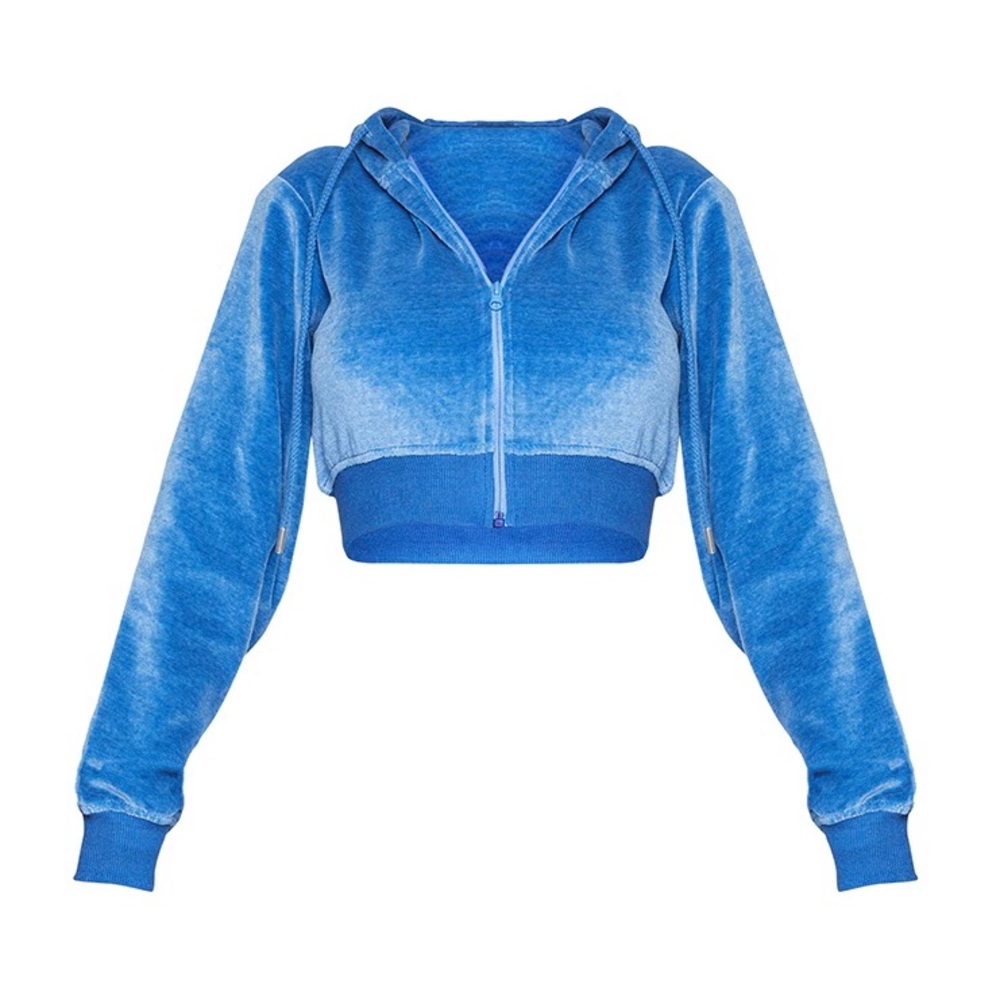 PrettyLittleThing blue velvet cropped hoodie